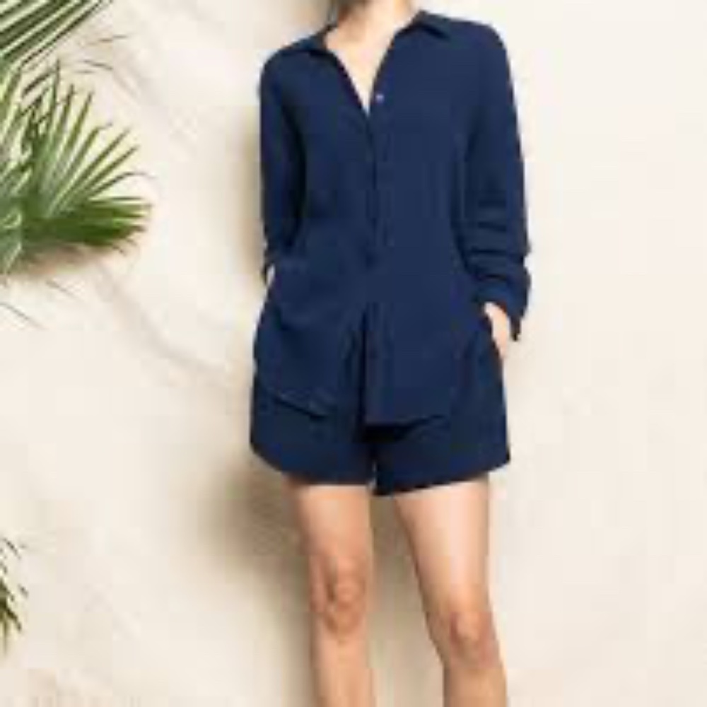 Petite Plume Set Navy Blue Gauze Button-Up Long Sleeve Shirt and Shorts Small